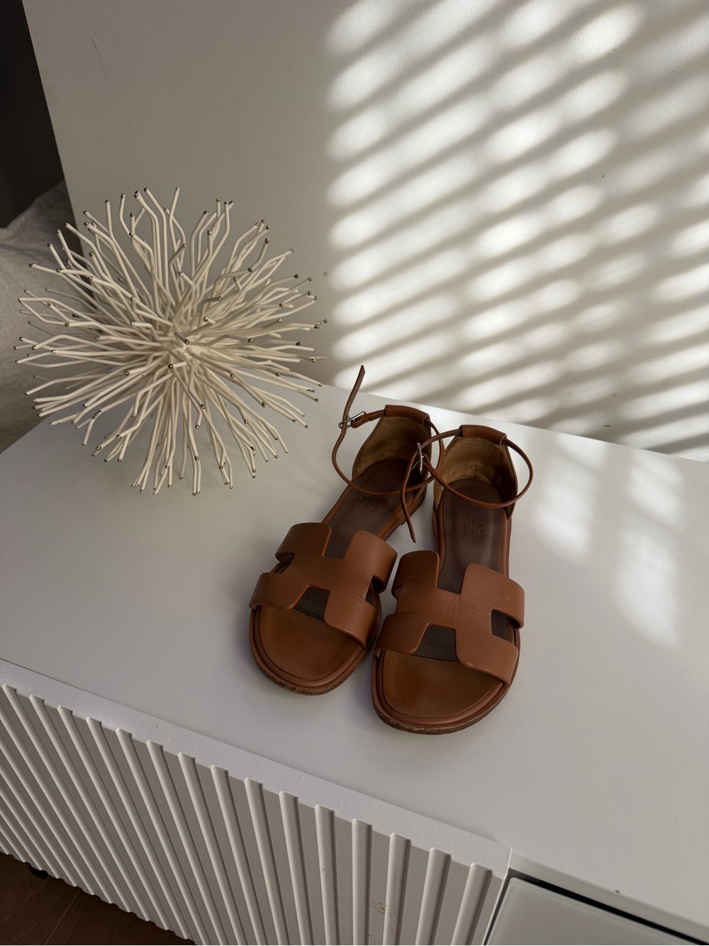 Hermes Tan Leather Oran-Style Slide Sandals